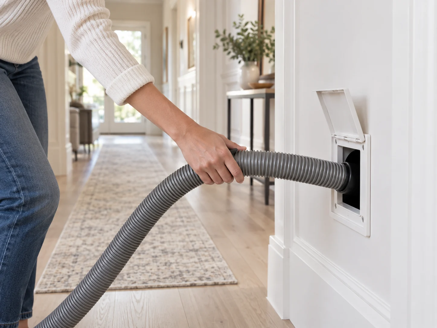 Hand guiding a retractable central vacuum hose into a wall inlet in a finished hallway